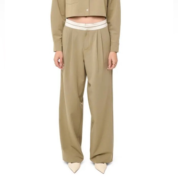 ZARA Pleated Olive/Grey Contrast Waist Lightweight Wide Leg Flowy Pant Trousers - Picture 2 of 6